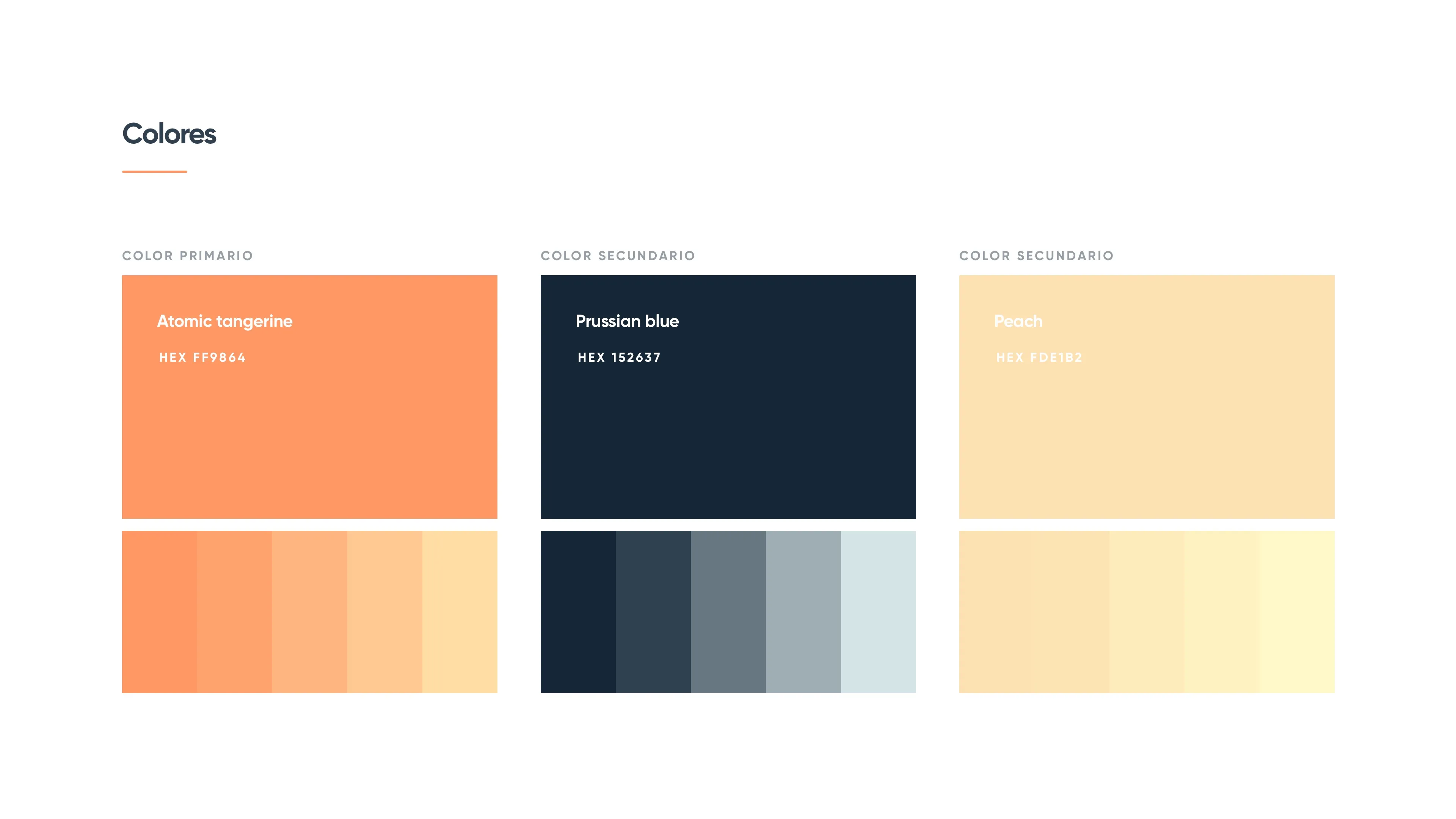 Paleta de color de la marca: Atomic tangerine, Prussian blue y Peach